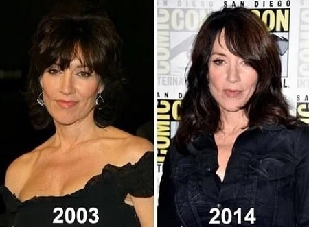 A before and after picture of Katey Sagal hinting the use of plastic surgeries.